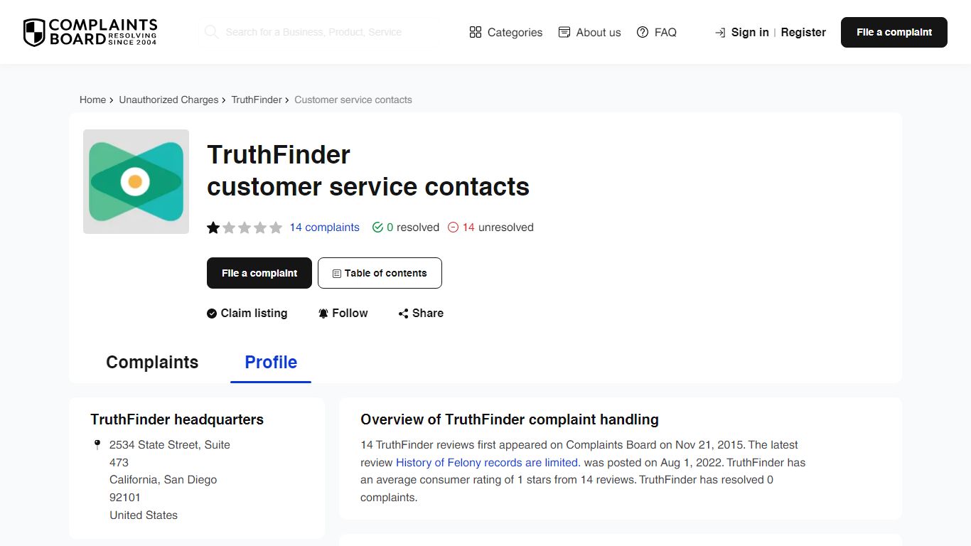 TruthFinder Contact Number, Email, Support, Information - Complaints Board